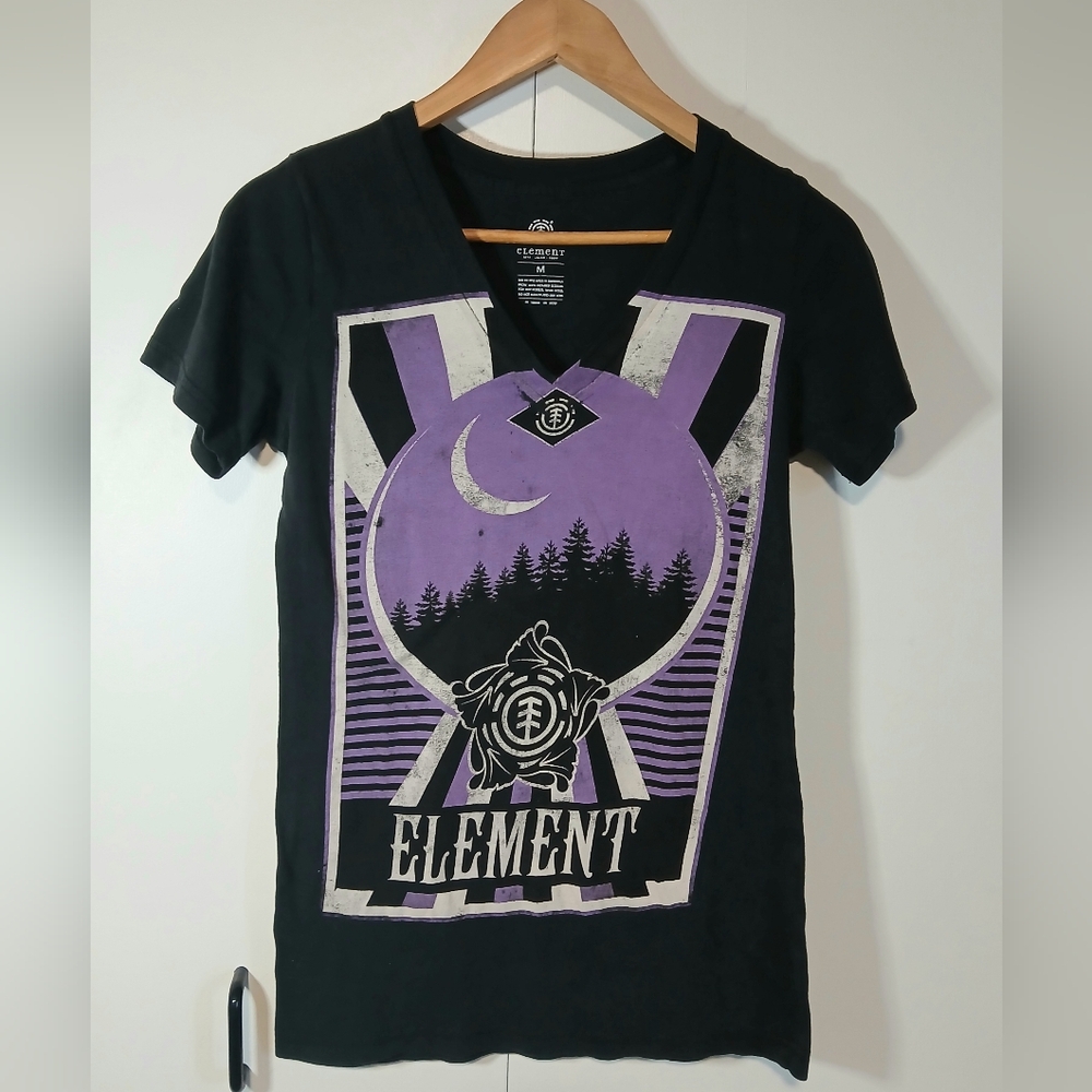 Element Women’s Medium Black Graphic Tee Moon Forest Vintage Distressed